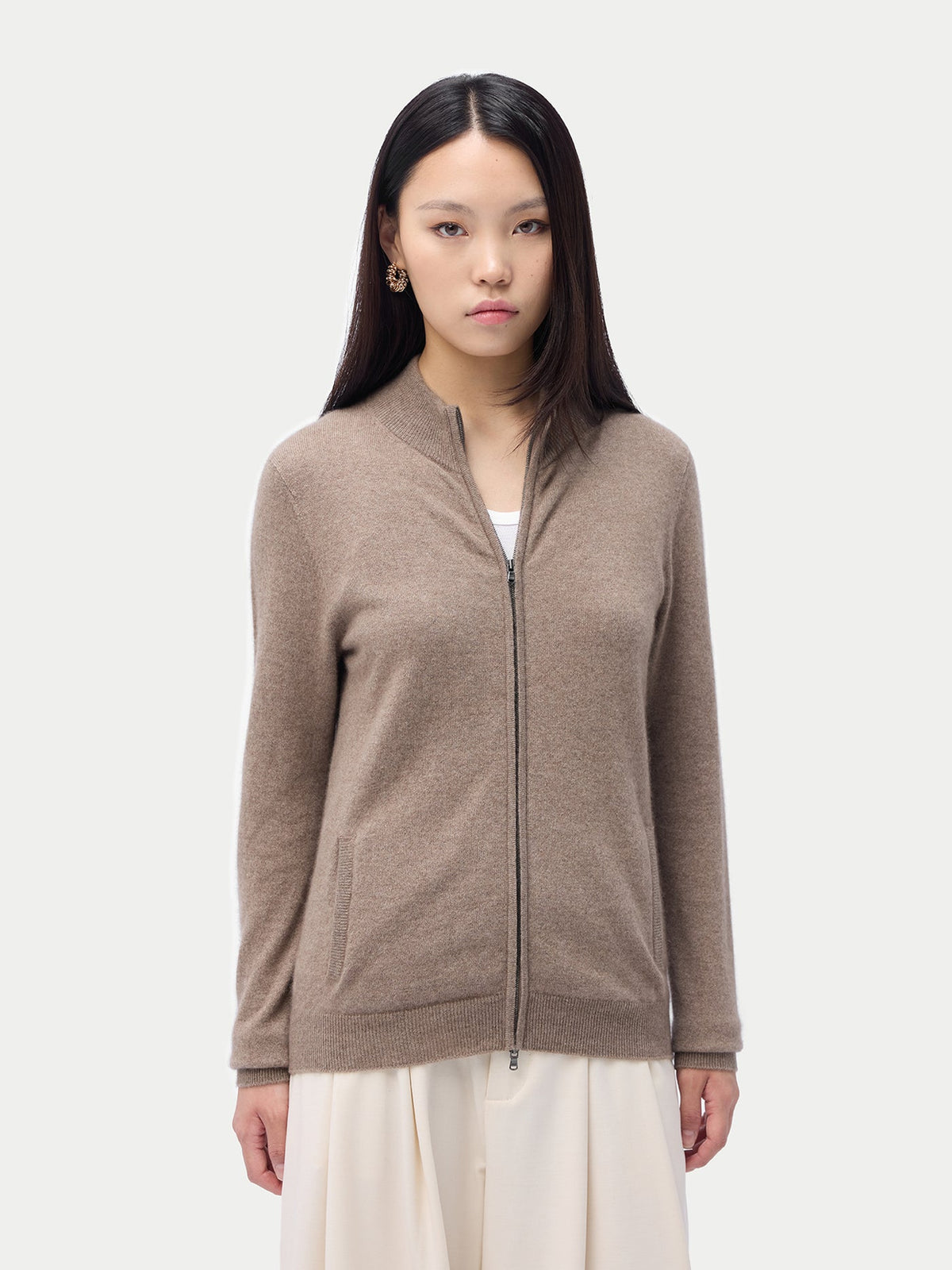 Essential Natural Color Cashmere Full-zip Cardigan — Taupe
