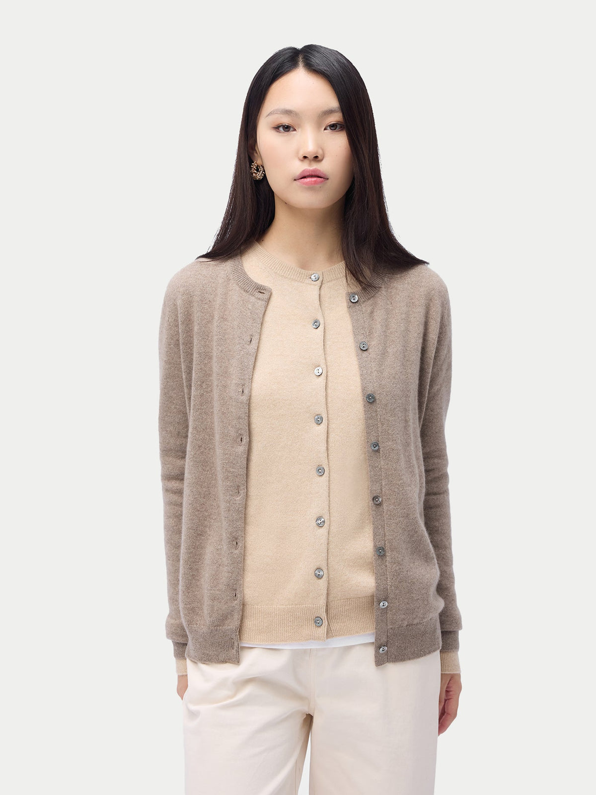 Cashmere Crew Neck Button Cardigan — Taupe