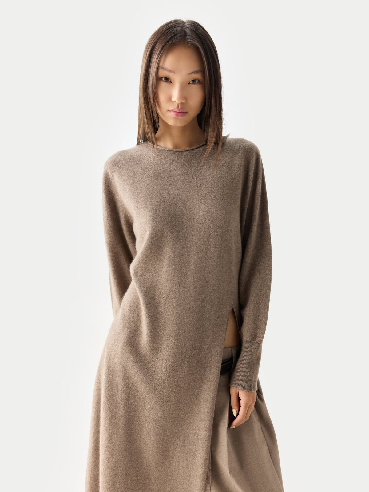 Cashmere Side-slit Maxi Dress — Taupe