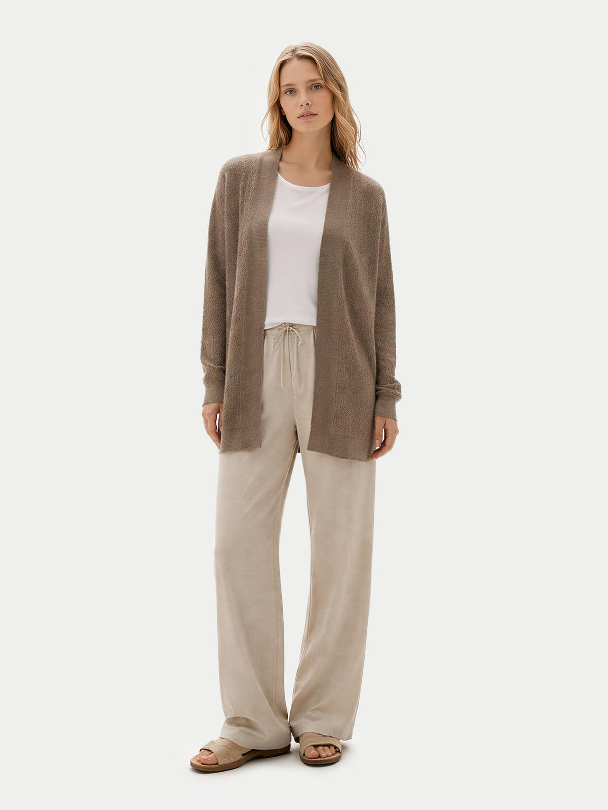 Ajour Knit Open-front Cashmere Cardigan — Taupe