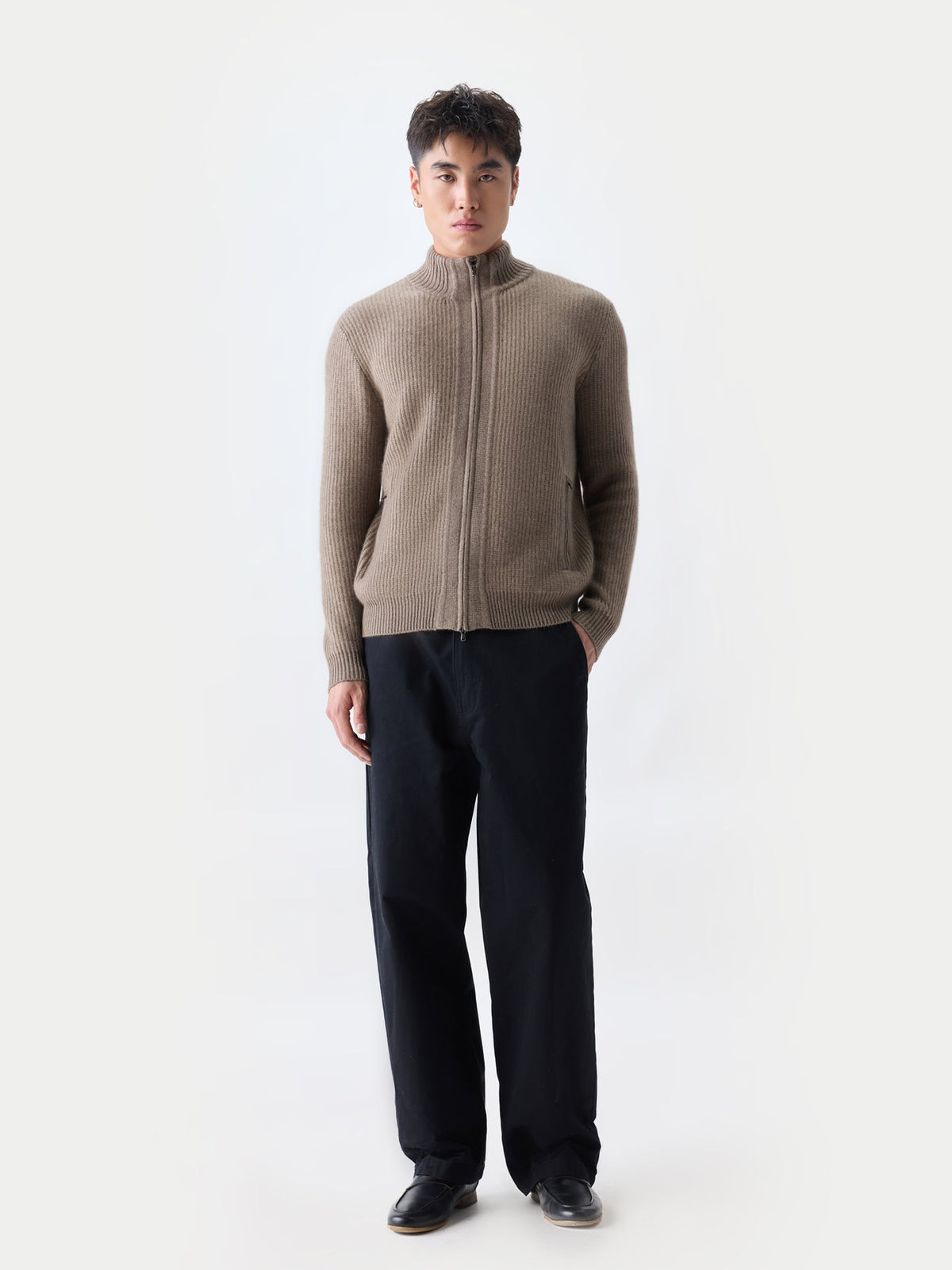 Men's Twо-tone Full-zip Cashmere Cardigan — Taupe