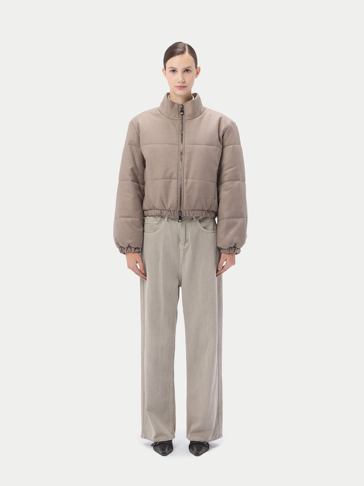 Natural Color Cropped High-neck Cashmere Jacket — Taupe