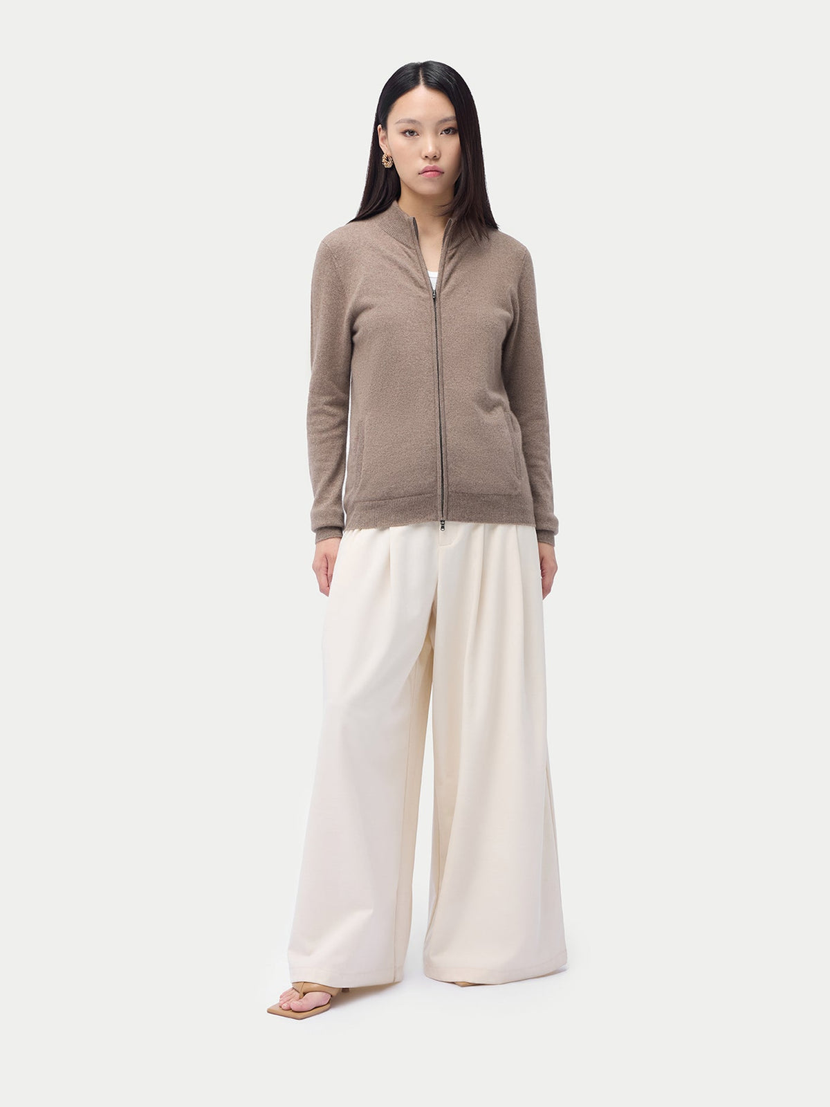 Essential Natural Color Cashmere Full-zip Cardigan — Taupe