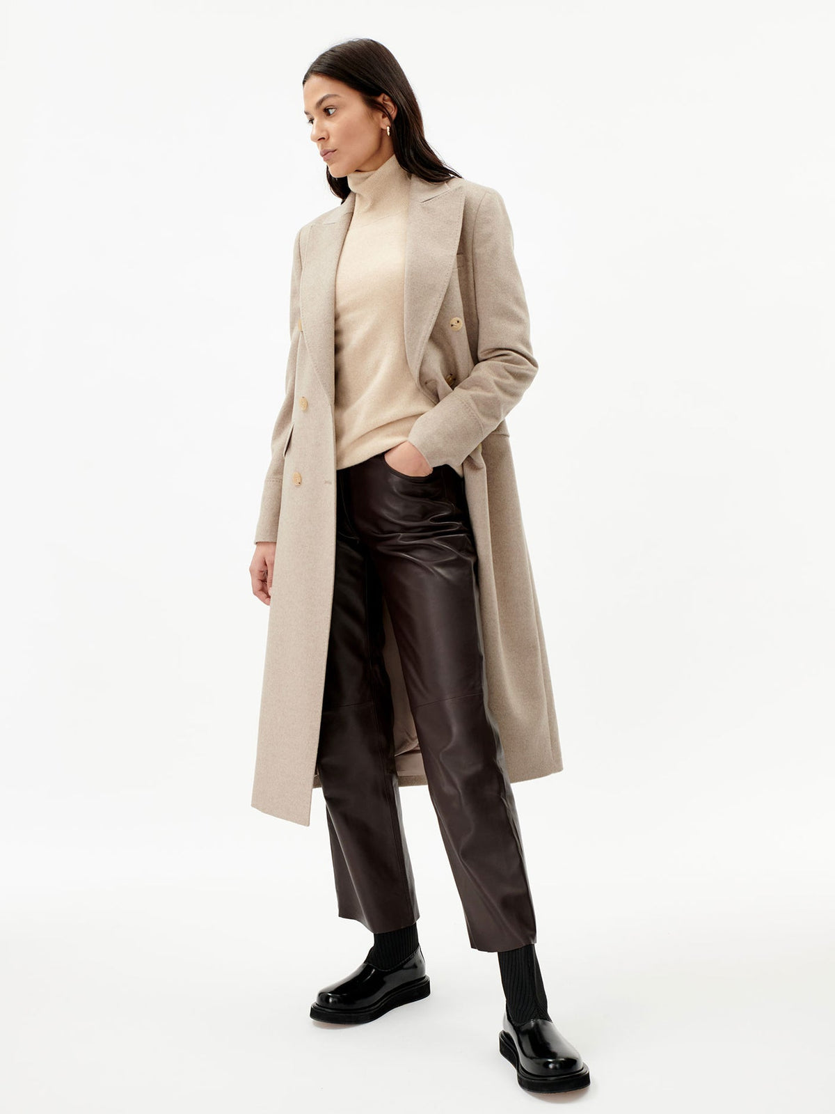 Cashmere Peak Lapel Long Coat — Taupe