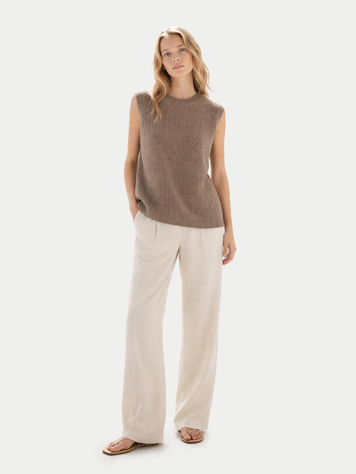 Ajour Knit Crewneck Cashmere Vest — Taupe