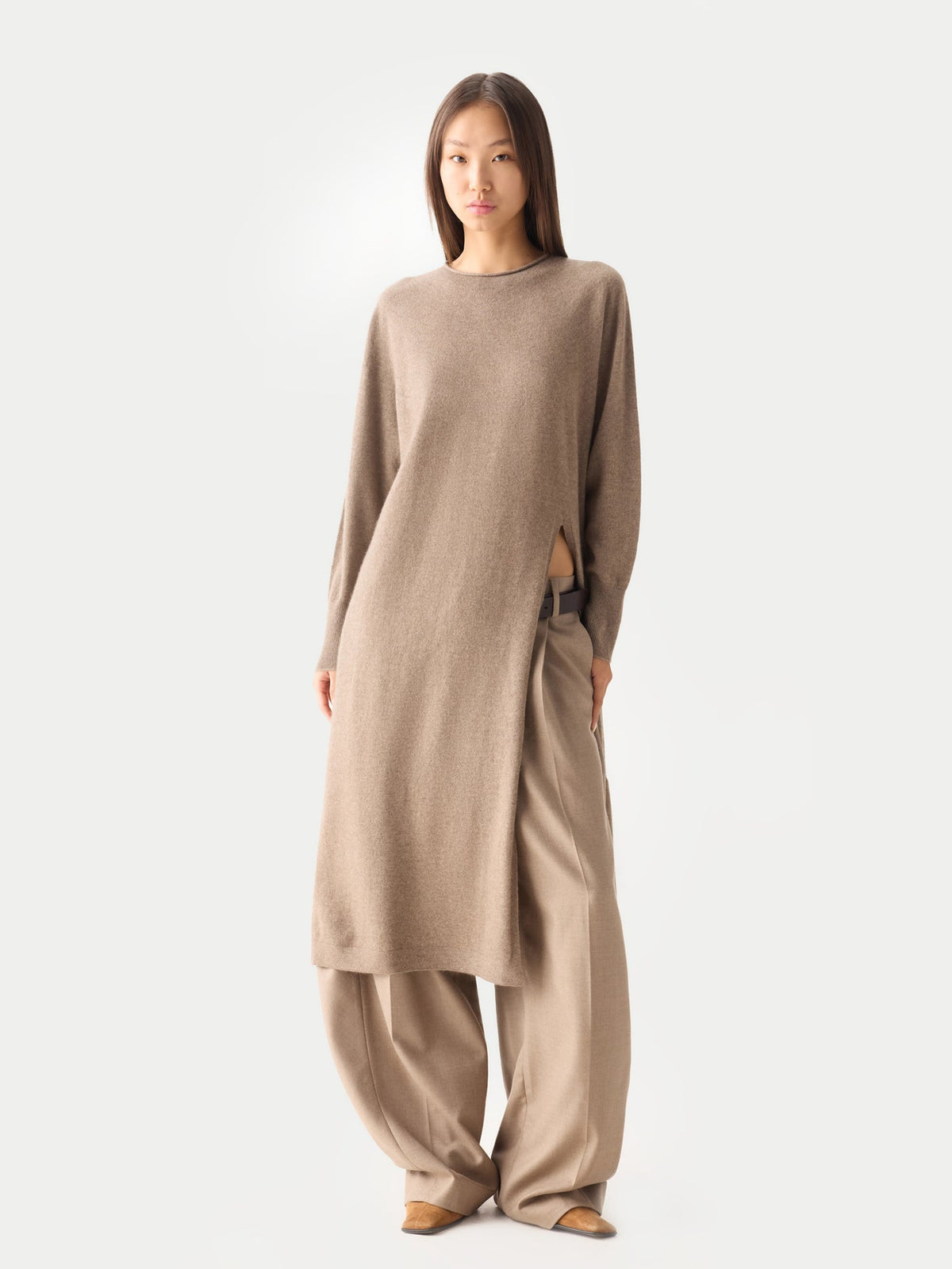 Cashmere Side-slit Maxi Dress — Taupe