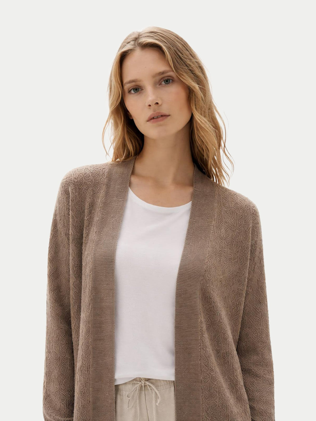 Ajour Knit Open-front Cashmere Cardigan — Taupe