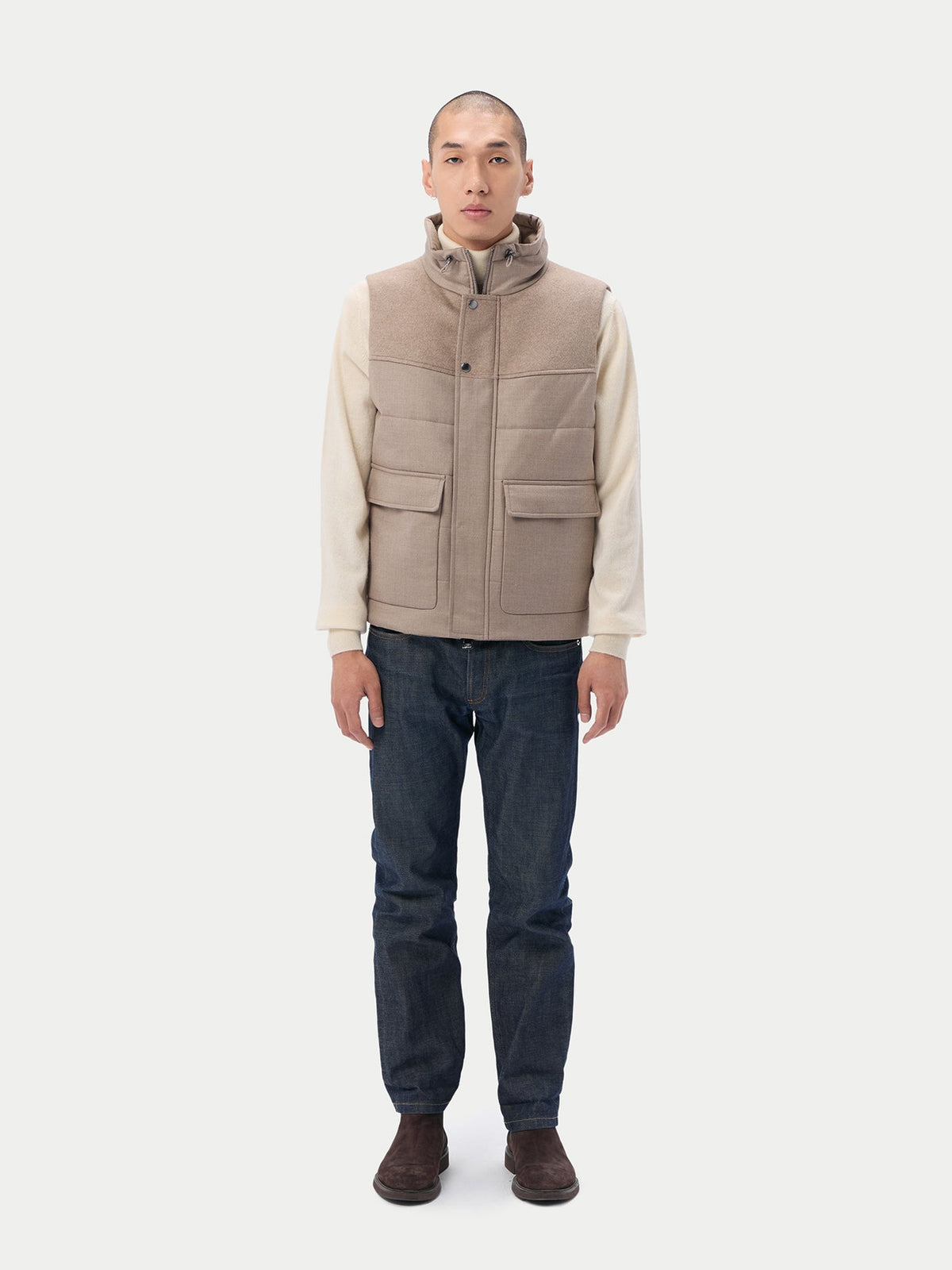 Natural Color Drawstring Collar Cashmere Vest — Taupe
