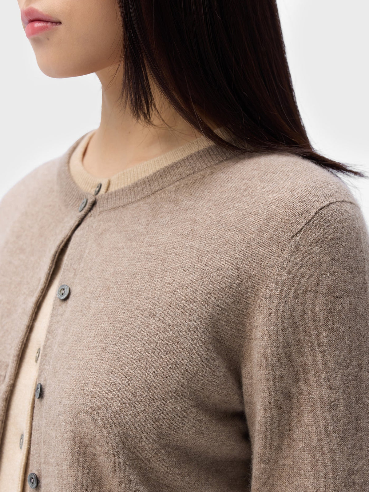 Cashmere Crew Neck Button Cardigan — Taupe