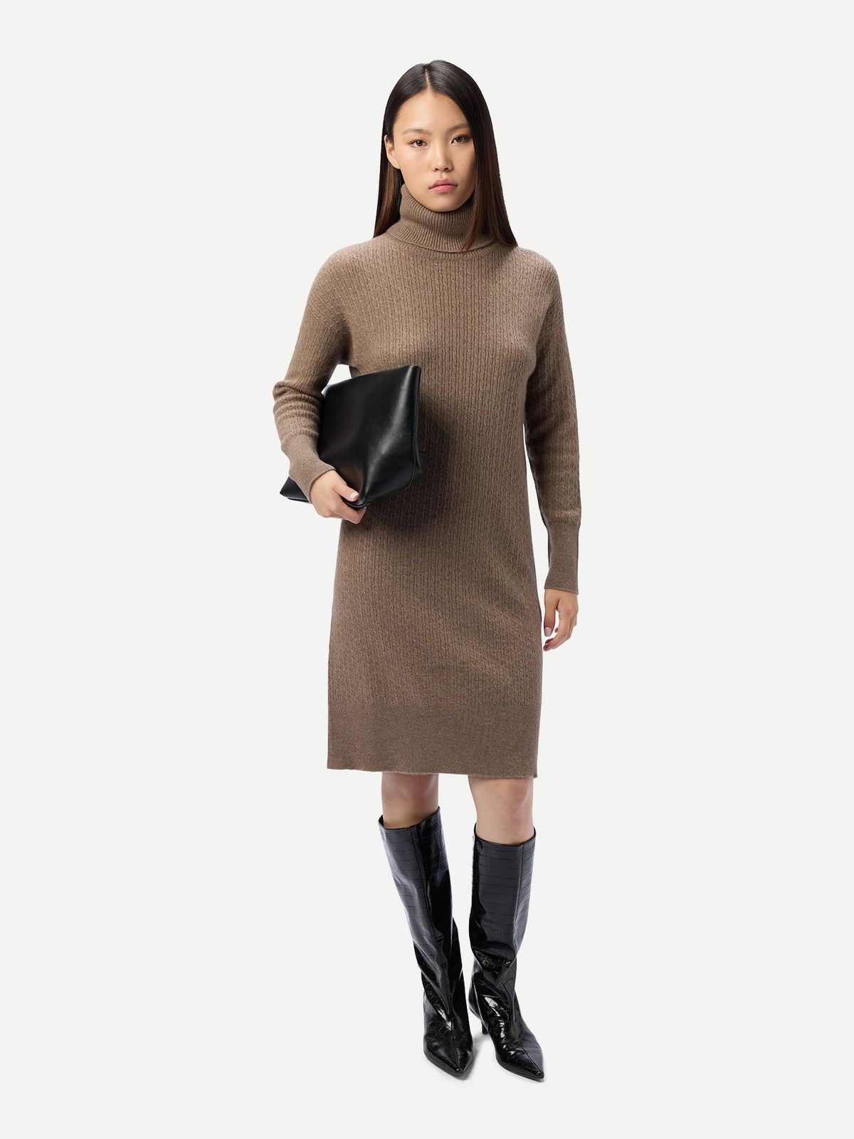 Natural Color Seamless Turtleneck Cashmere Dress — Taupe