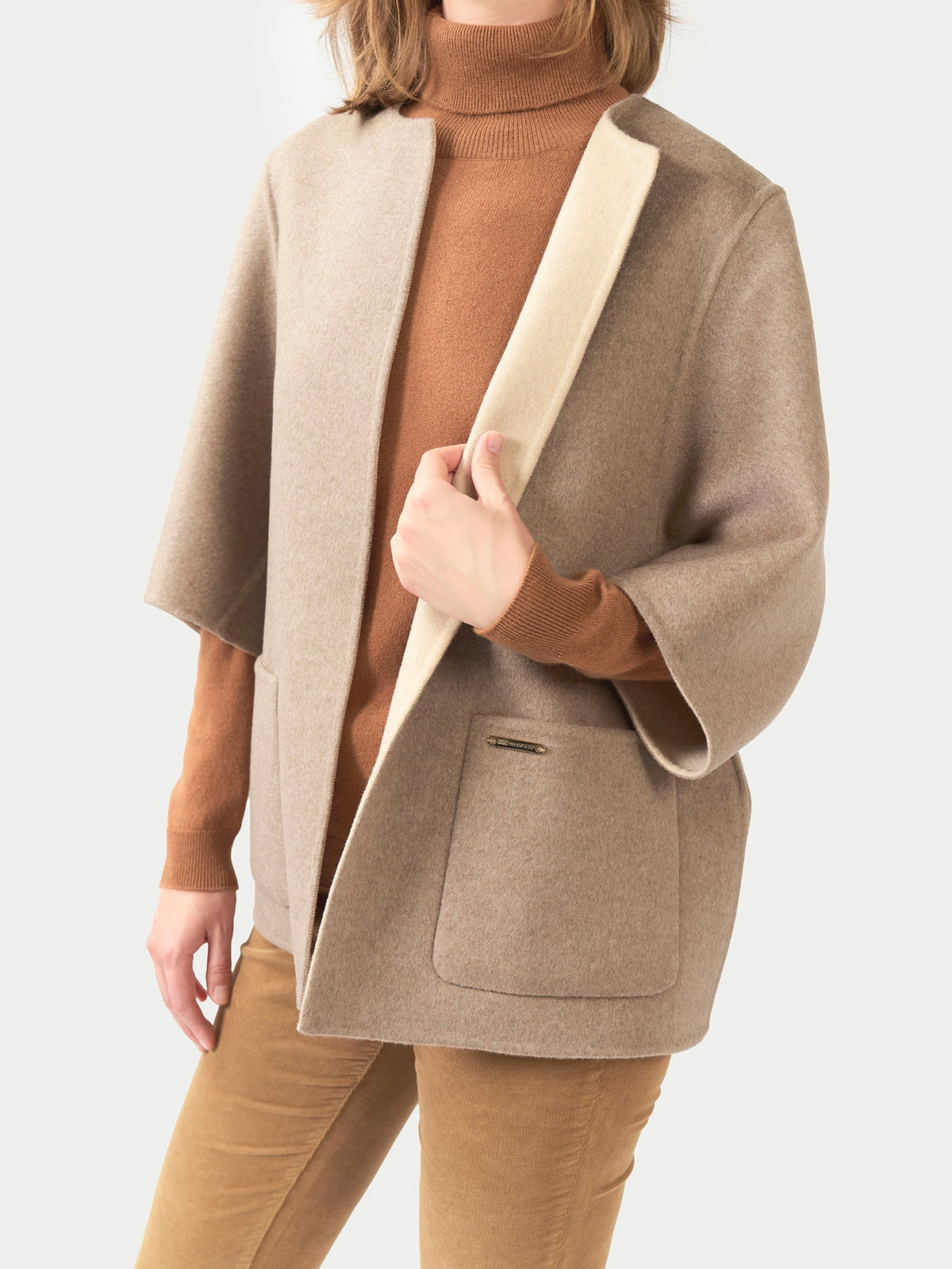 Patch Pocket Cashmere Poncho Jacket — Taupe