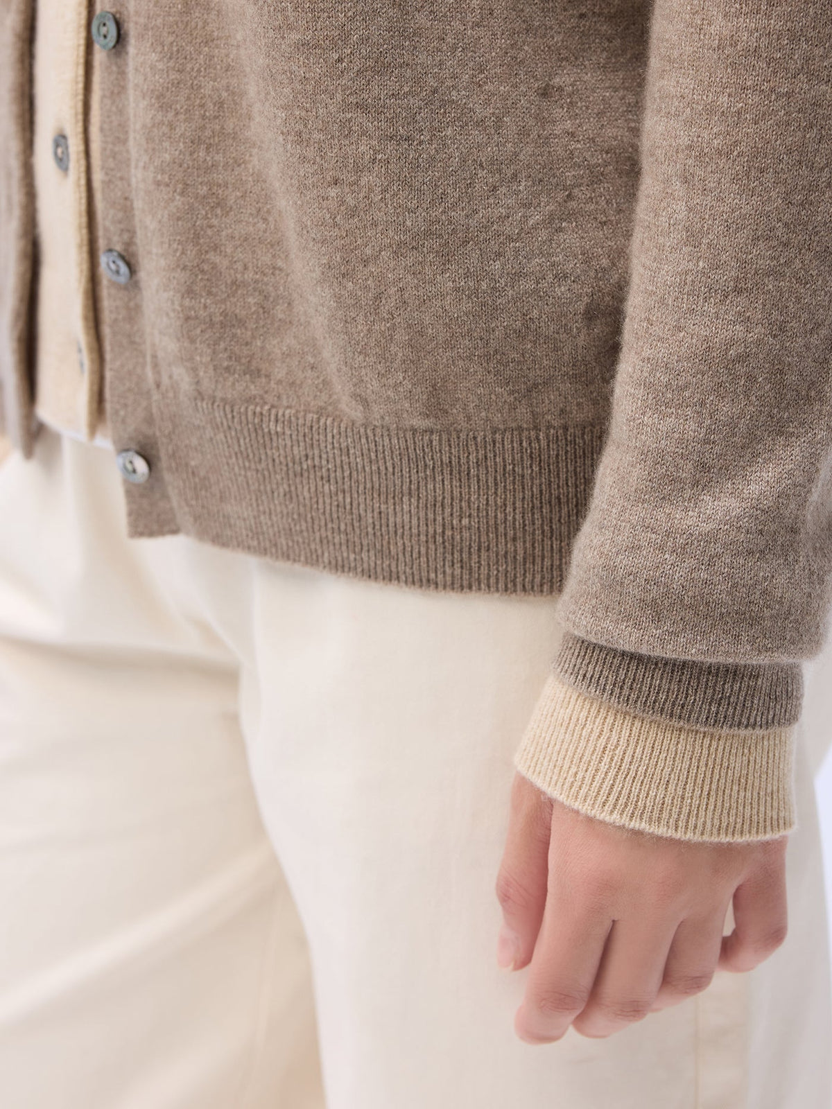 Cashmere Crew Neck Button Cardigan — Taupe