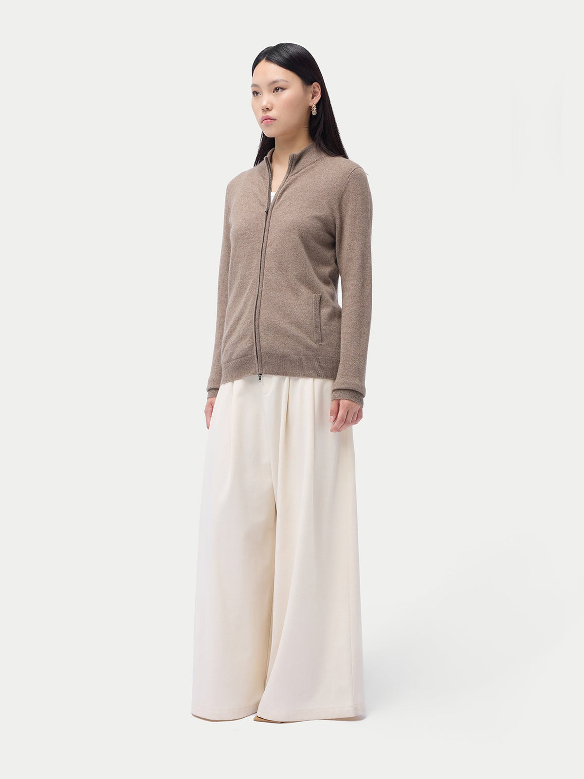 Essential Natural Color Cashmere Full-zip Cardigan — Taupe