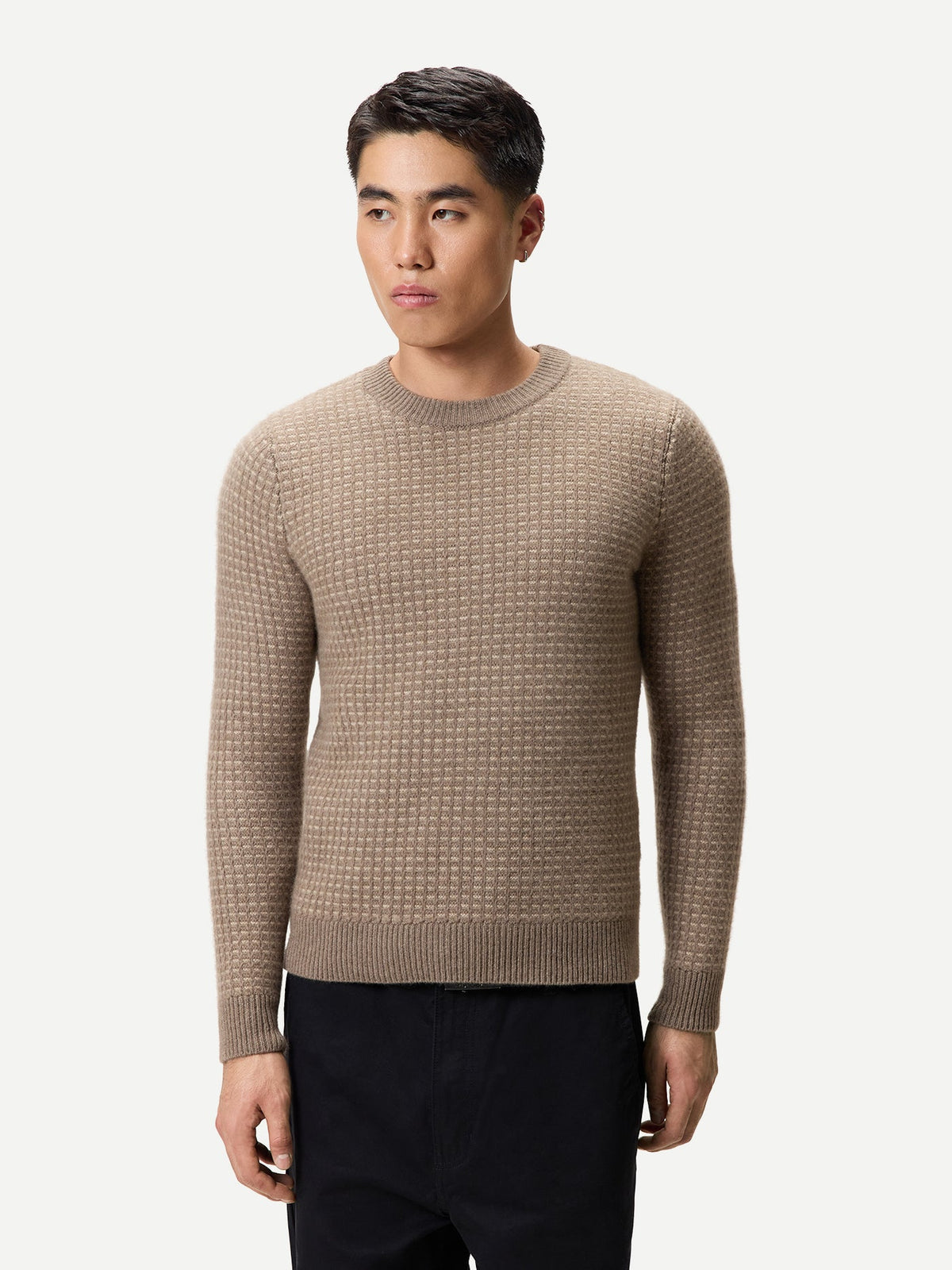 Men's Natural Color Cashmere Waffle Knit Sweater — Taupe