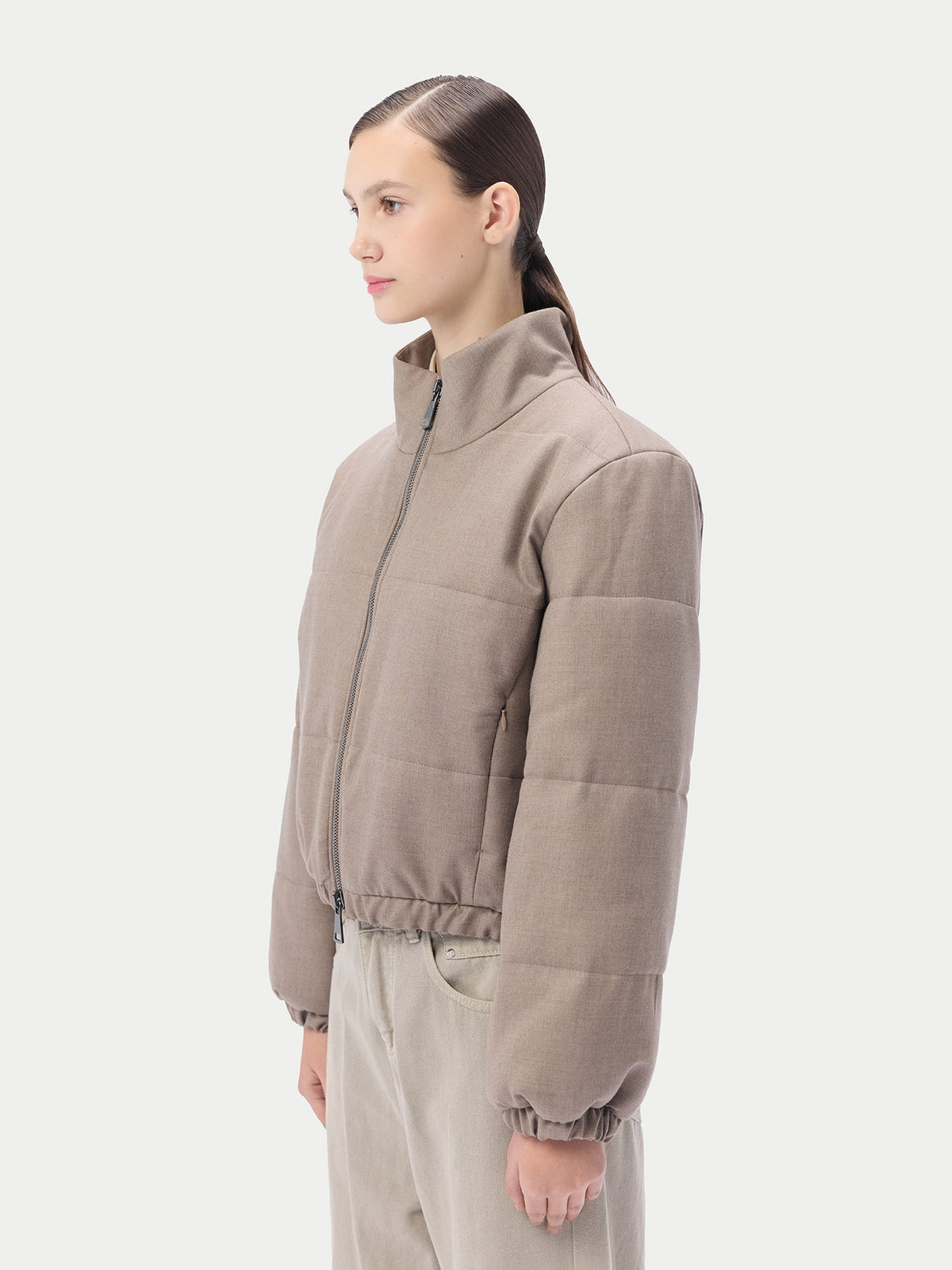 Natural Color Cropped High-neck Cashmere Jacket — Taupe