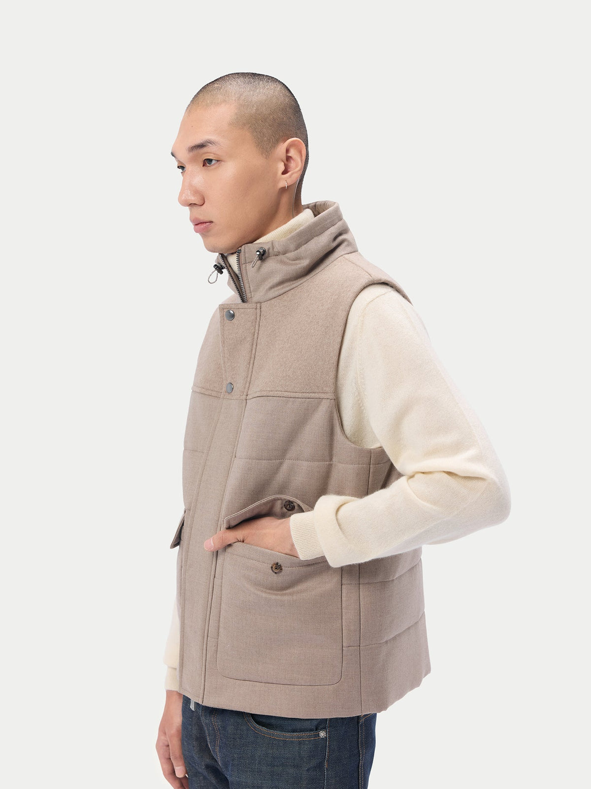 Natural Color Drawstring Collar Cashmere Vest — Taupe