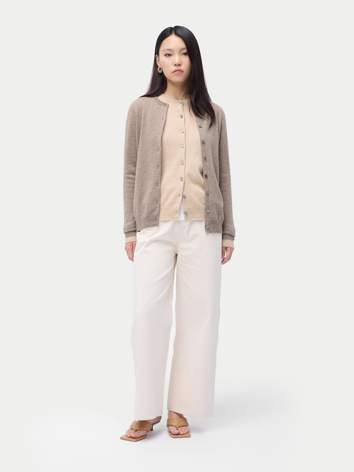 Cashmere Crew Neck Button Cardigan — Taupe