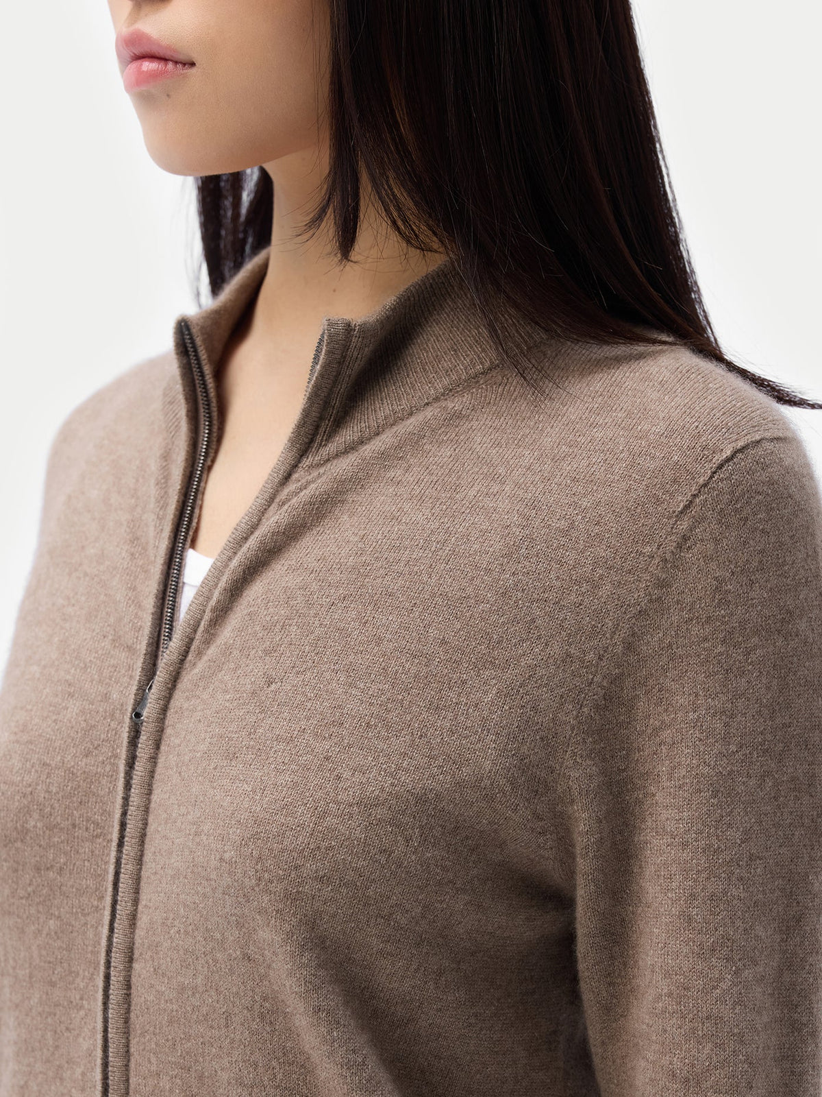 Essential Natural Color Cashmere Full-zip Cardigan — Taupe