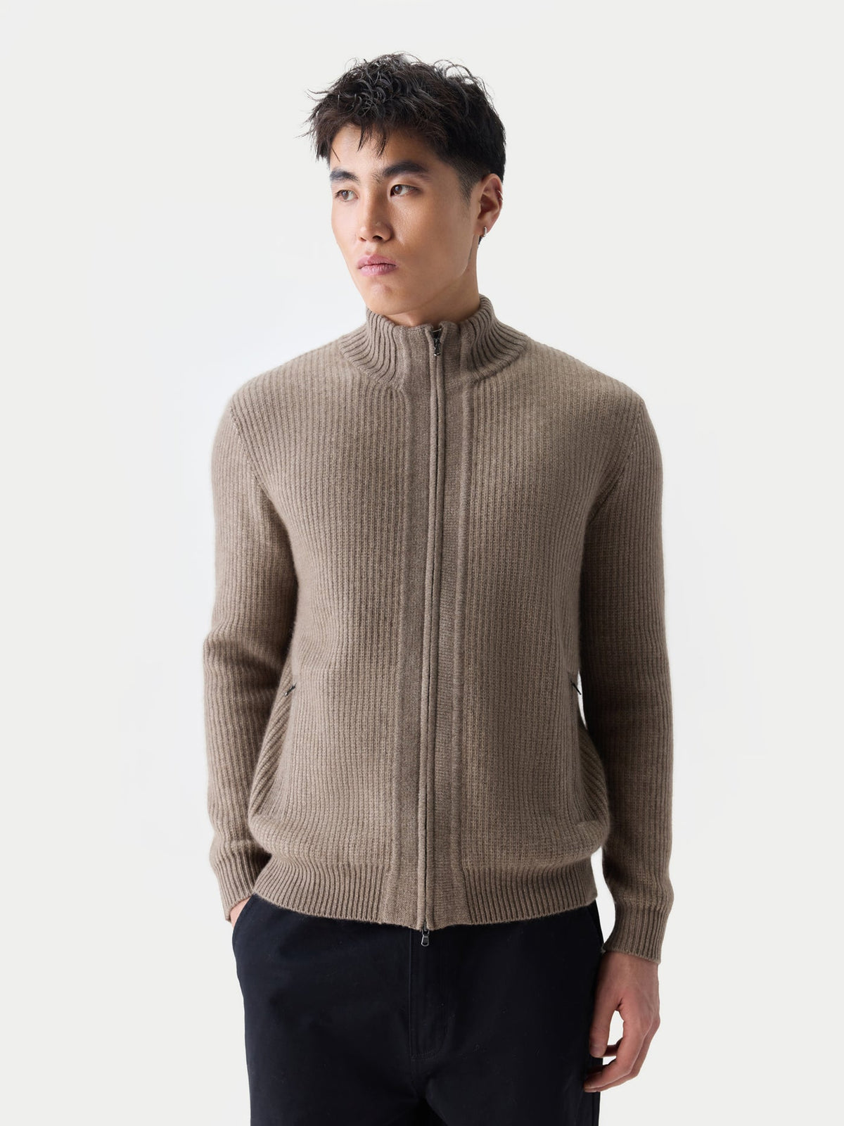 Men's Twо-tone Full-zip Cashmere Cardigan — Taupe