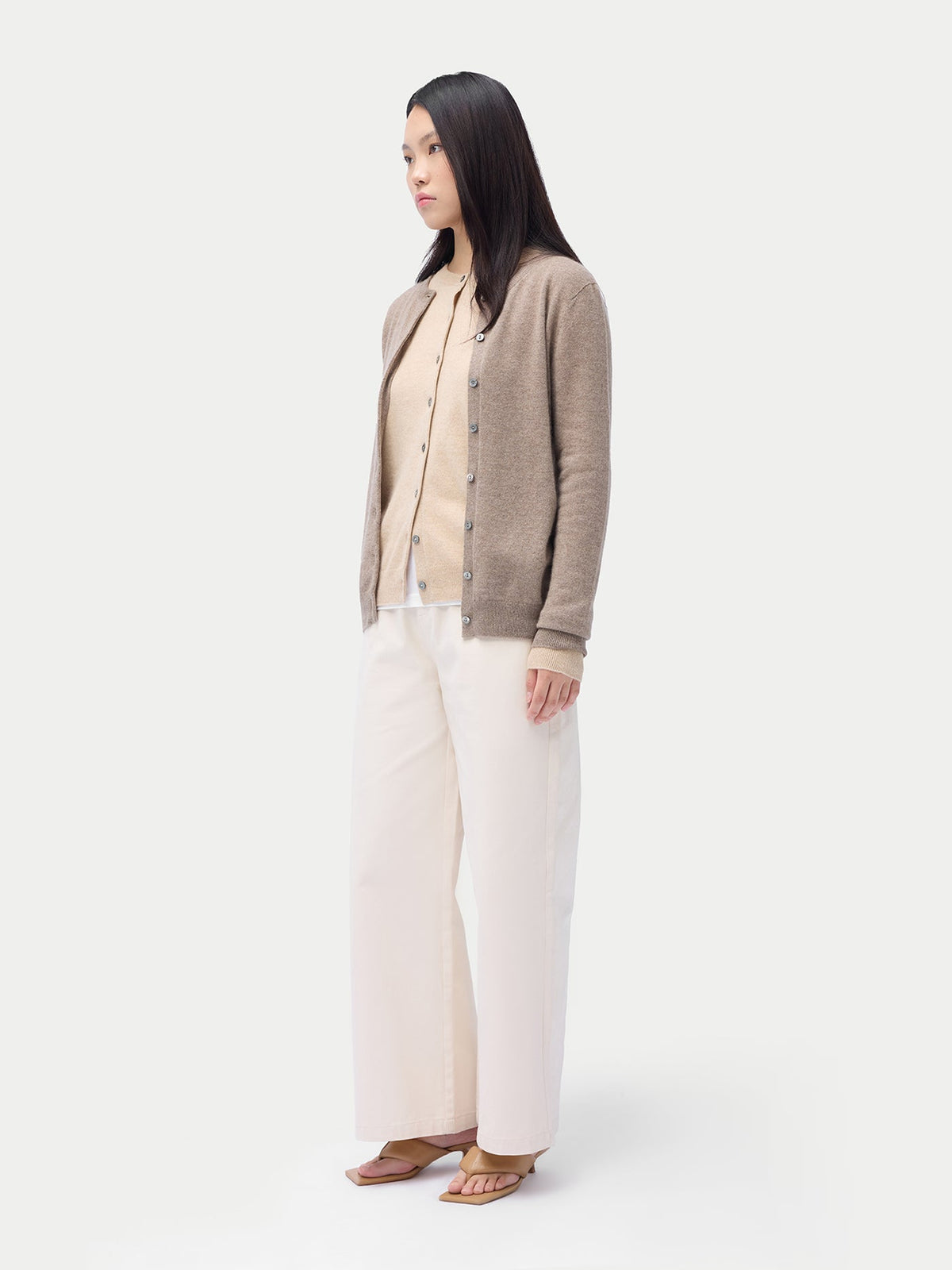 Cashmere Crew Neck Button Cardigan — Taupe