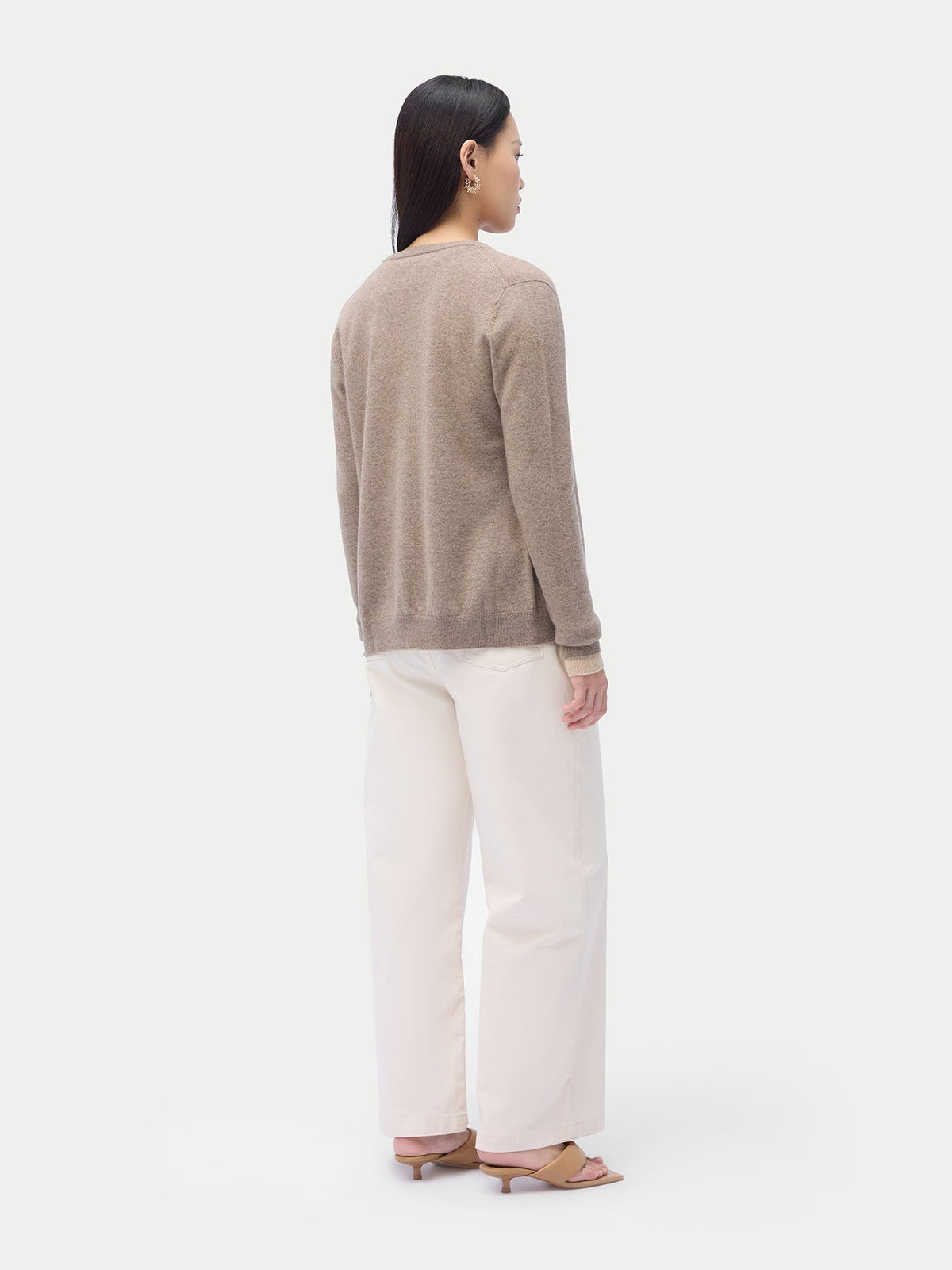 Cashmere Crew Neck Button Cardigan — Taupe