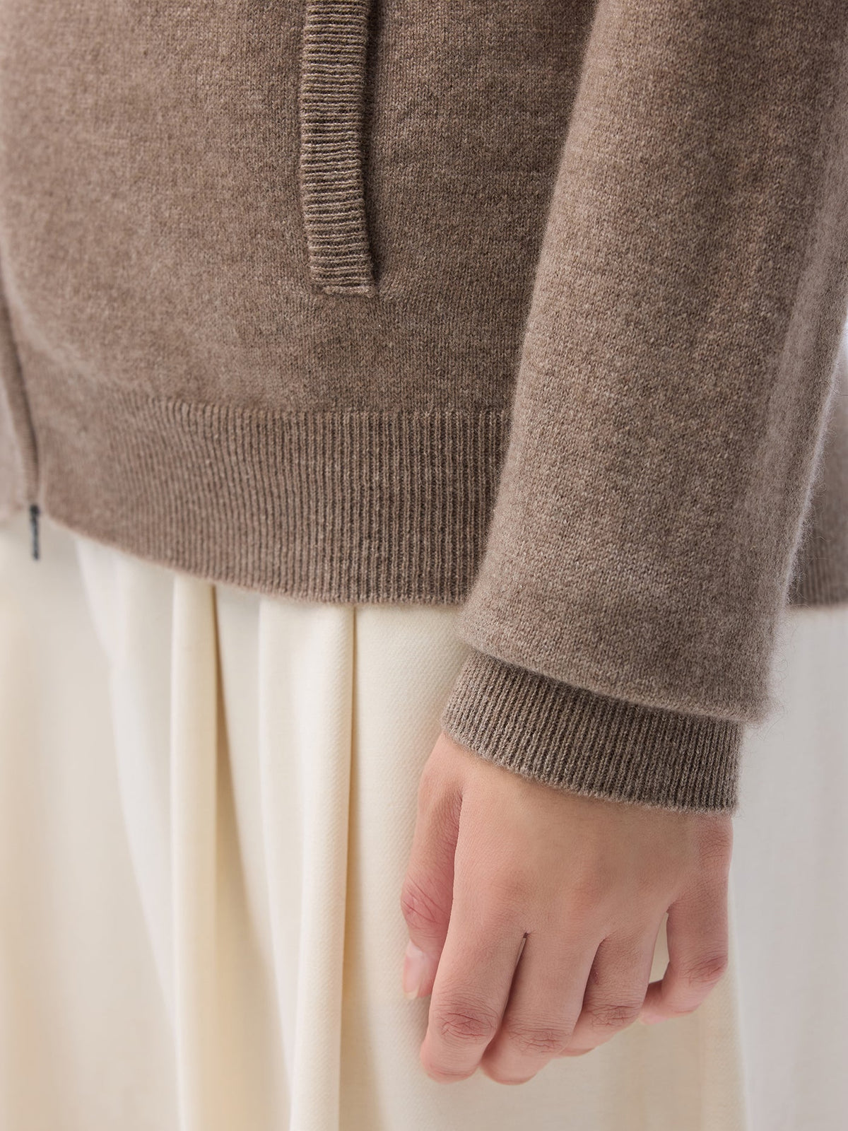 Essential Natural Color Cashmere Full-zip Cardigan — Taupe
