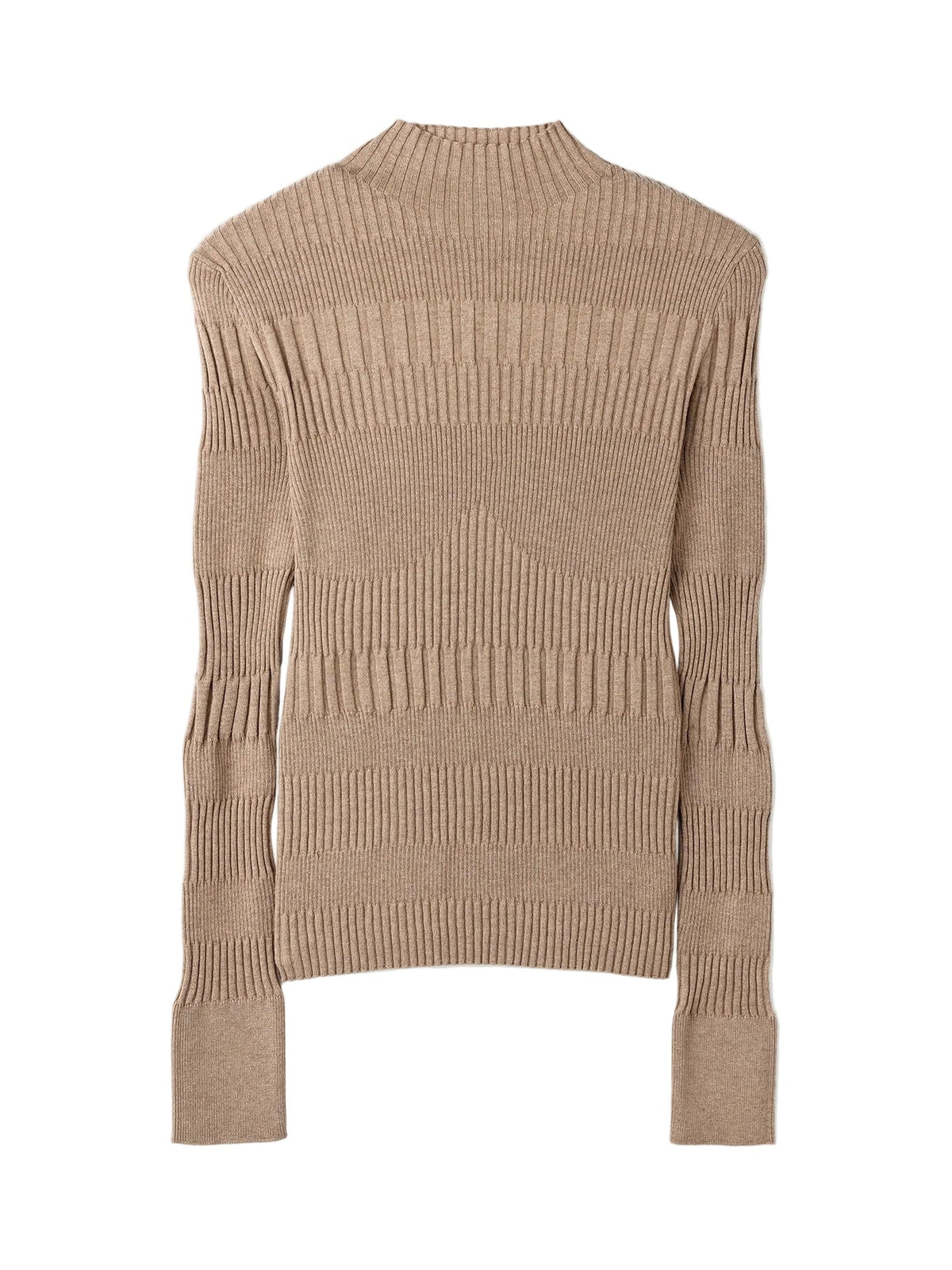 High-neck Ribbed Cotton Silk Cashmere Blend Sweater — Taupe Brown