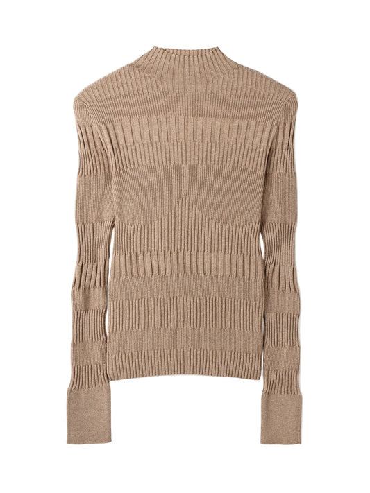 High-neck Ribbed Cotton Silk Cashmere Blend Sweater — Taupe Brown