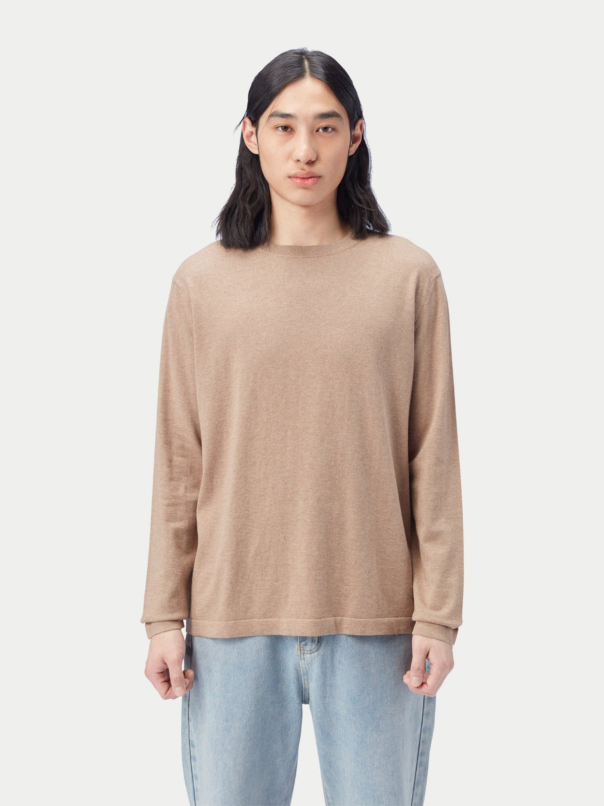 Men's Crewneck Cotton Silk Cashmere Blend Sweater — Taupe Brown