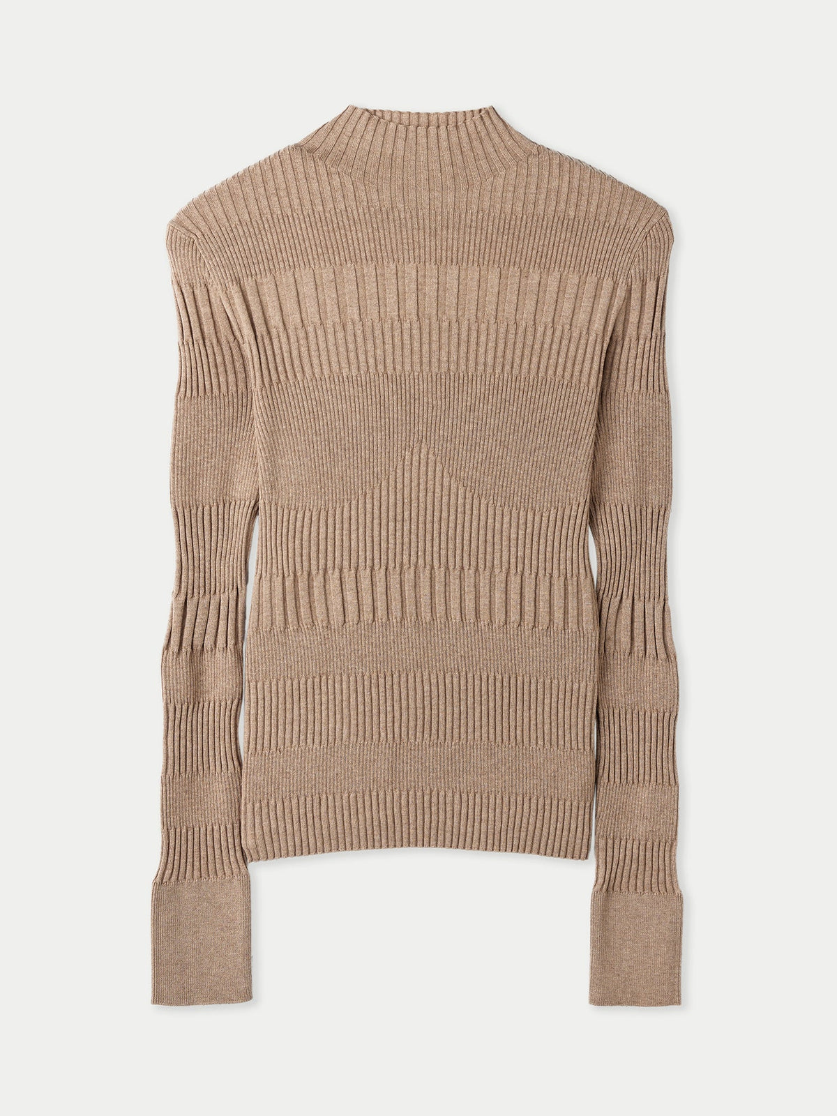 High-neck Ribbed Cotton Silk Cashmere Blend Sweater — Taupe Brown