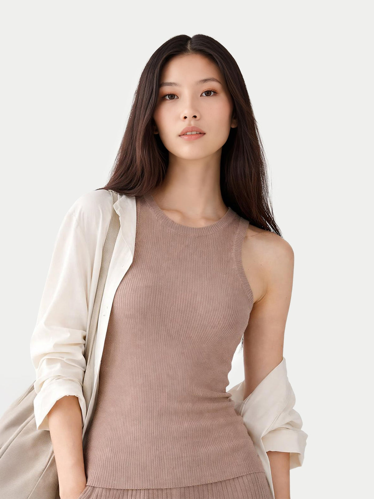 Ribbed Cotton Silk Cashmere Blend Tank Top — Taupe Brown