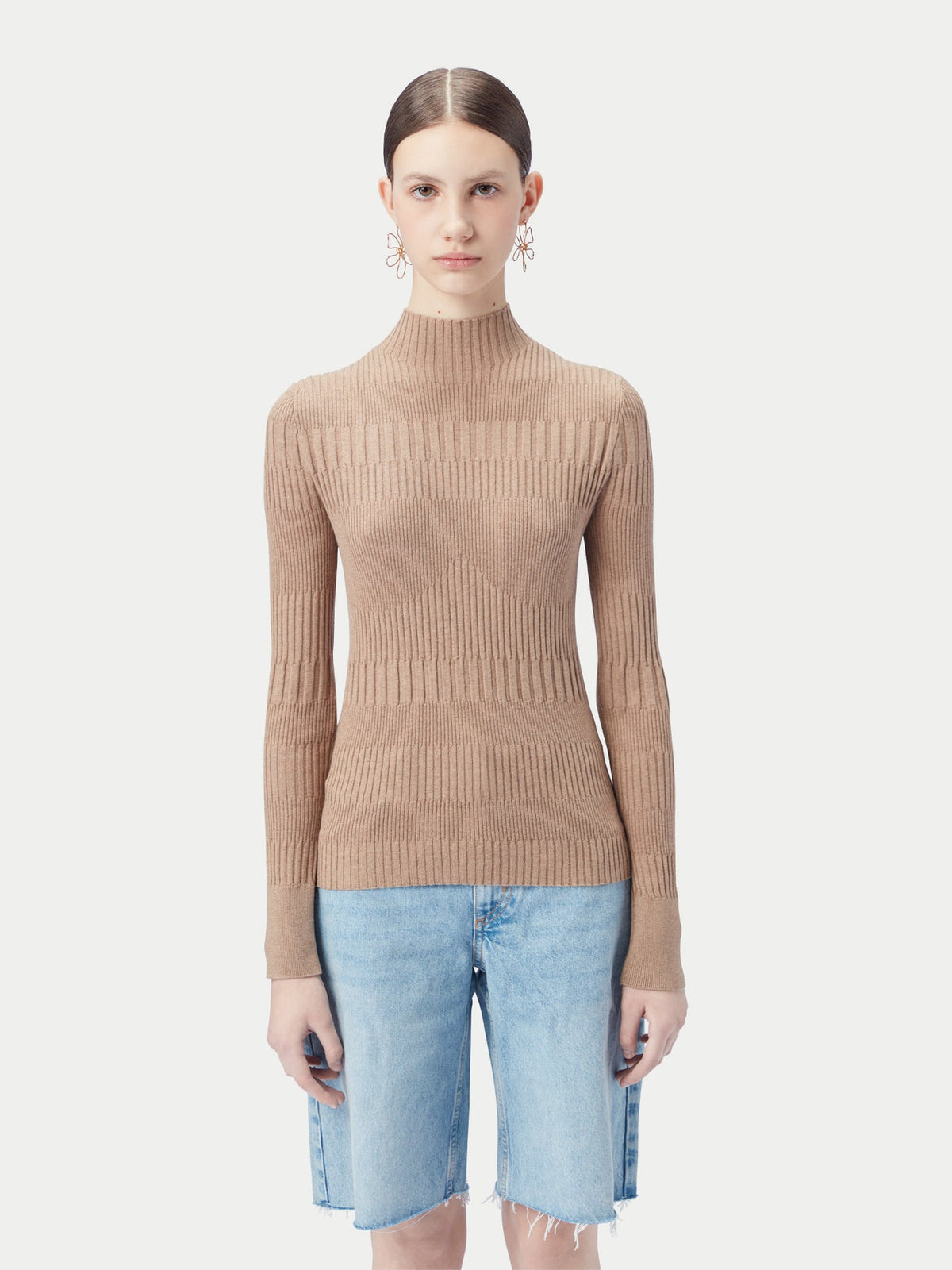 High-neck Ribbed Cotton Silk Cashmere Blend Sweater — Taupe Brown