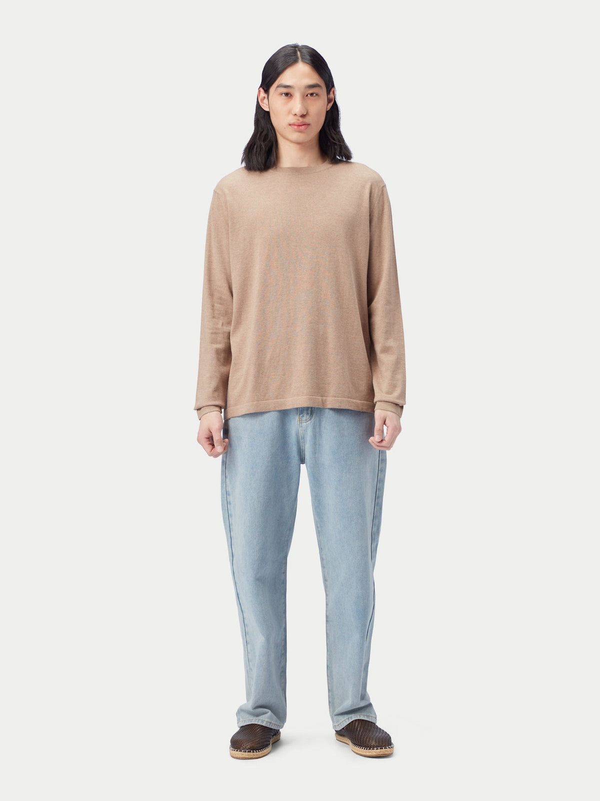 Men's Crewneck Cotton Silk Cashmere Blend Sweater — Taupe Brown