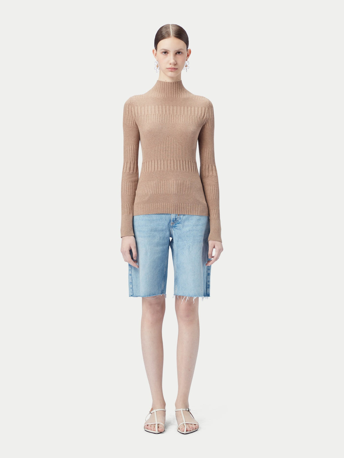 High-neck Ribbed Cotton Silk Cashmere Blend Sweater — Taupe Brown