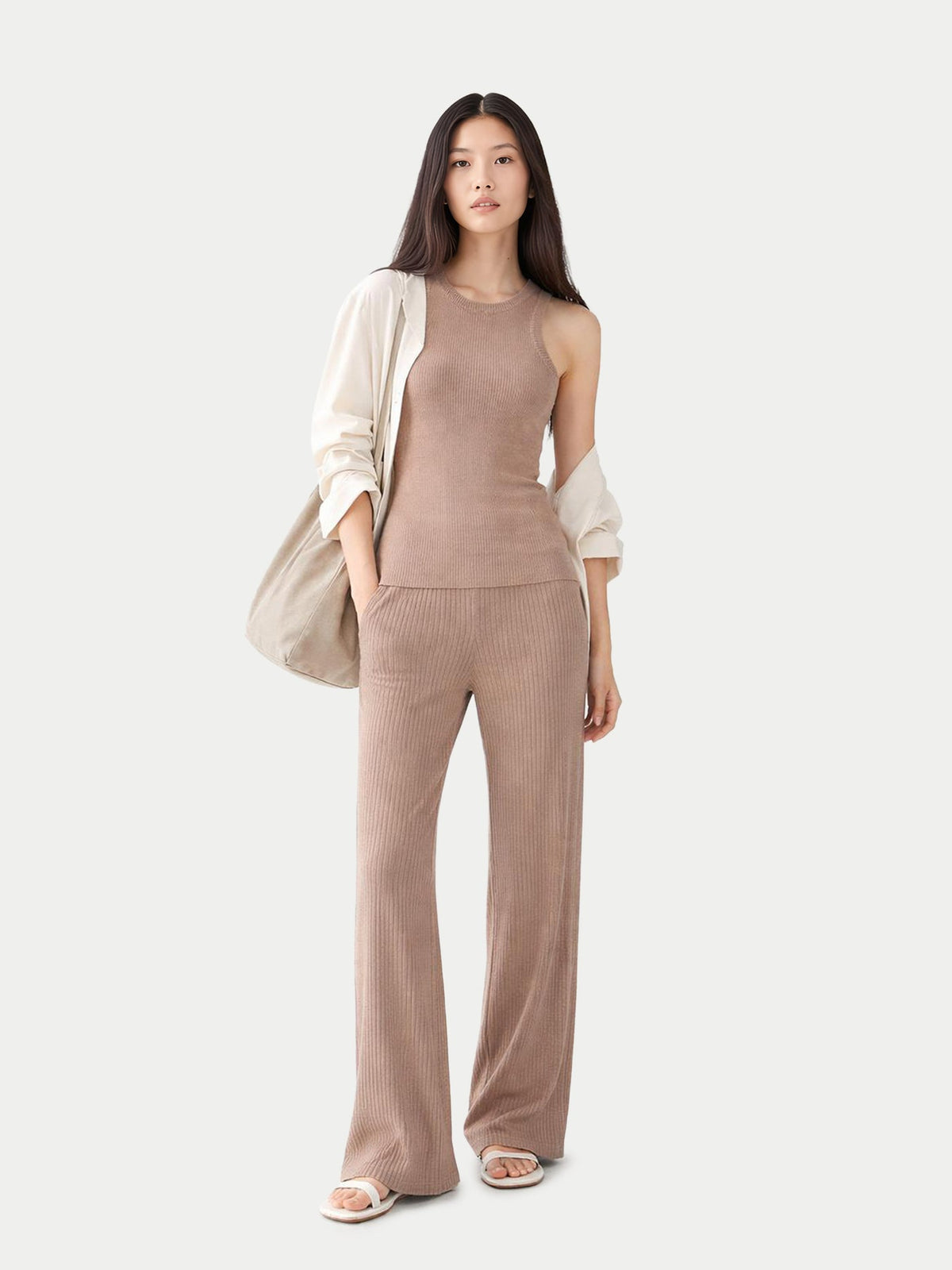 Ribbed Cotton Silk Cashmere Blend Tank Top — Taupe Brown