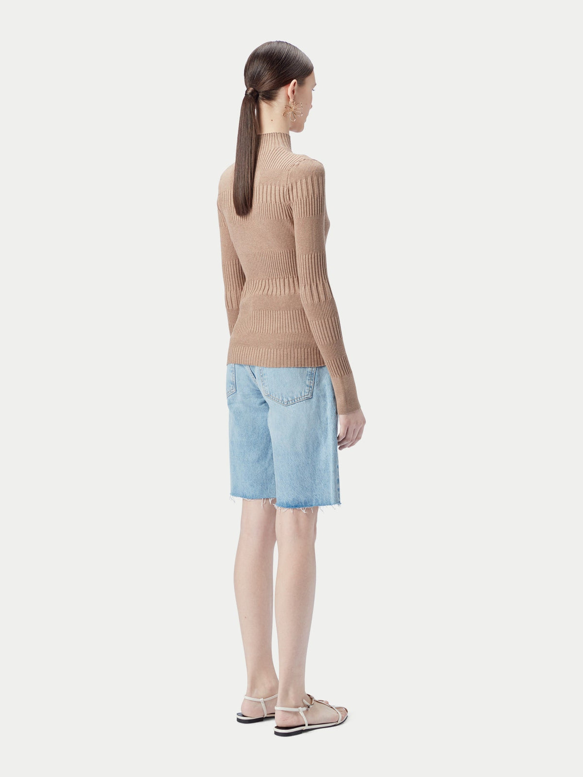 High-neck Ribbed Cotton Silk Cashmere Blend Sweater — Taupe Brown