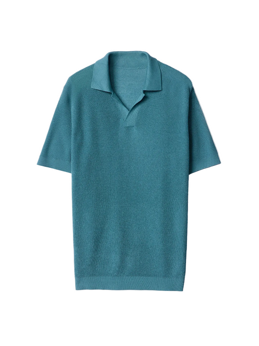 Open Collar Cashmere Silk Polo Shirt — Tile Blue
