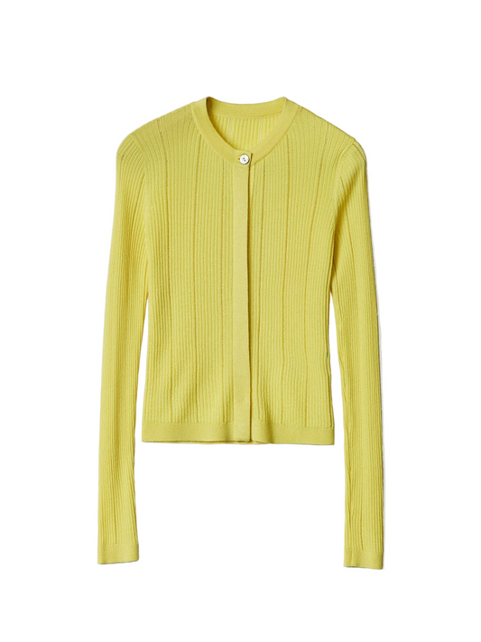 Hidden Button-front Cashmere Silk Cardigan — Vivid Yellow