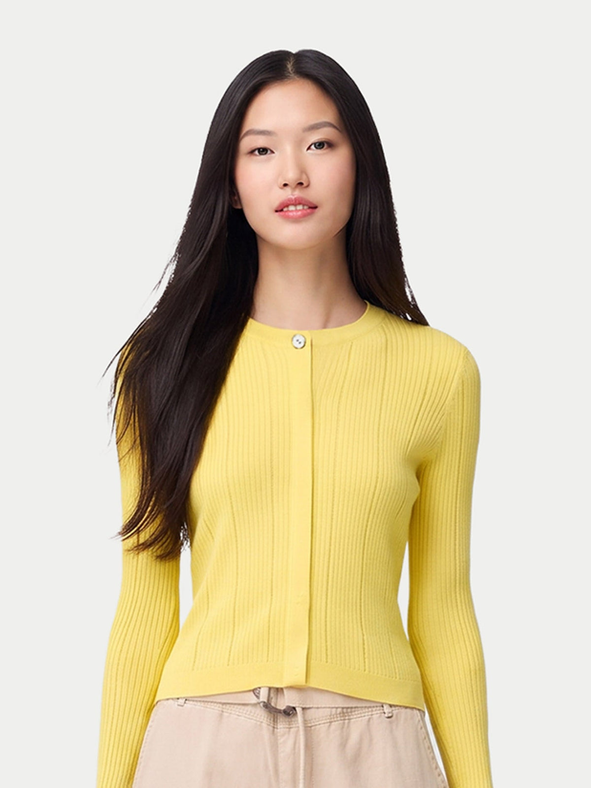 Hidden Button-front Cashmere Silk Cardigan — Vivid Yellow