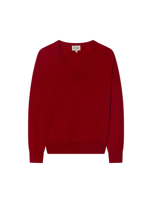 Timeless Cashmere V-neck Sweater — Warm Red