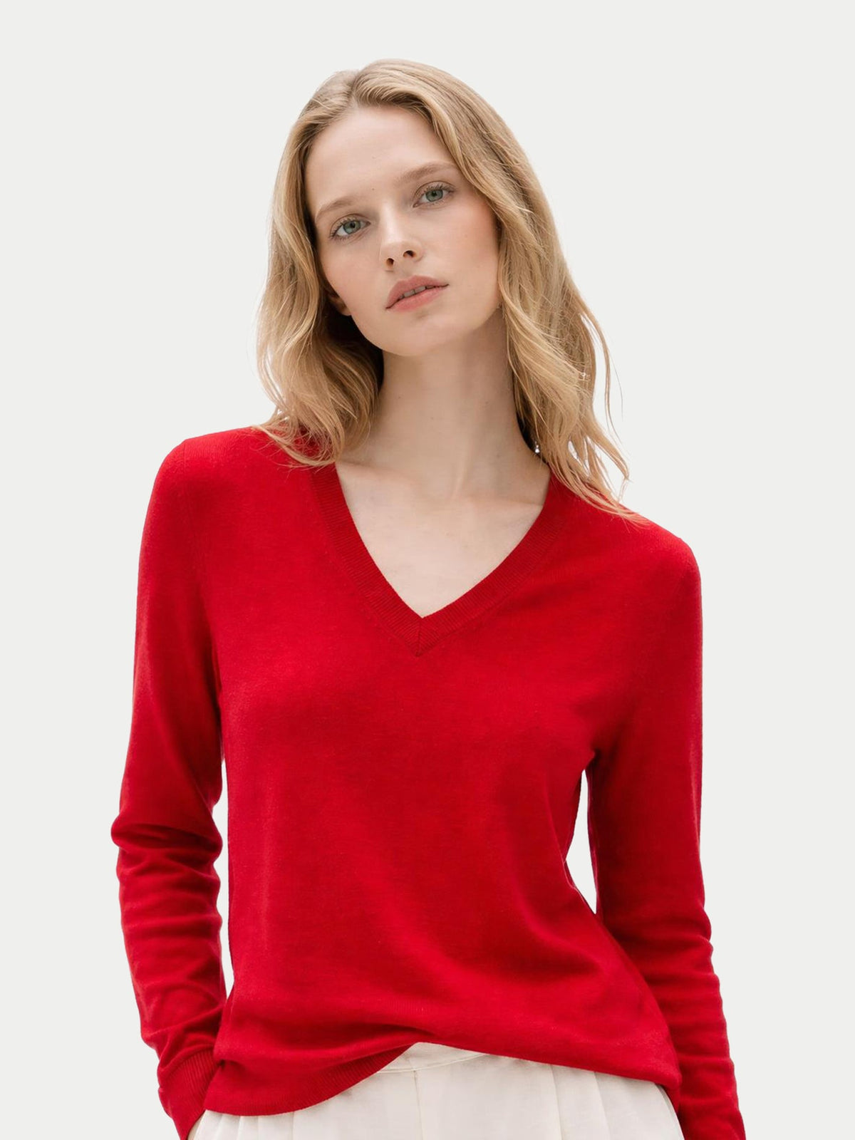 Timeless Cashmere V-neck Sweater — Warm Red