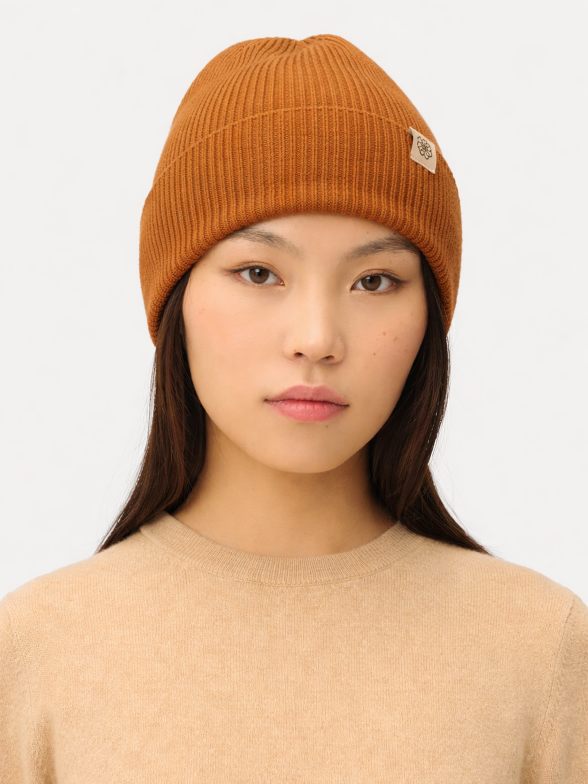 Cashmere Rib Knit Beanie — Warm Tan