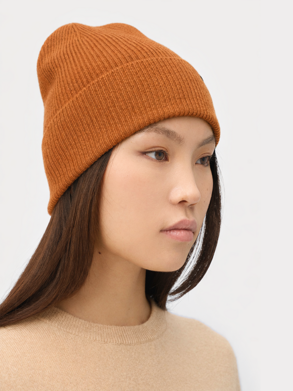 Cashmere Rib Knit Beanie — Warm Tan