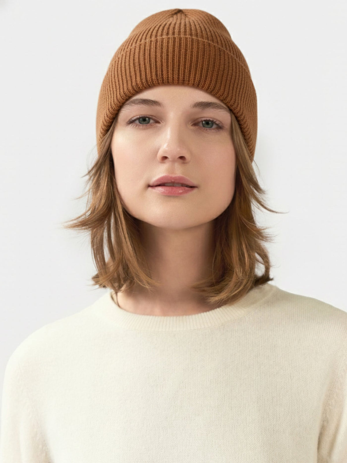 Cashmere Rib Knit Beanie — Warm Tan
