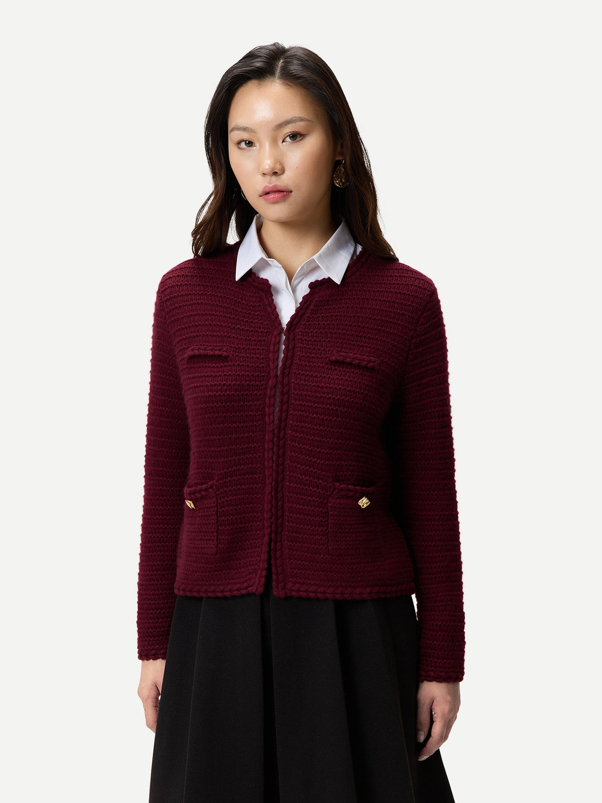 Textured Knit Cashmere Jacket-style Cardigan — Wine Red