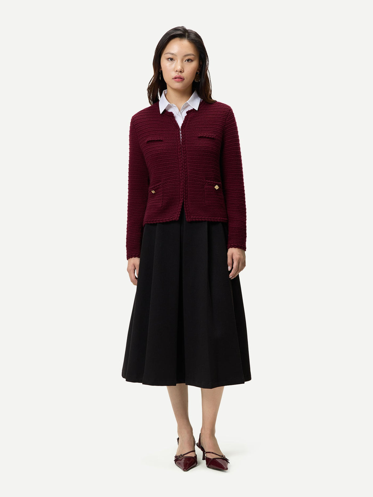 Textured Knit Cashmere Jacket-style Cardigan — Wine Red