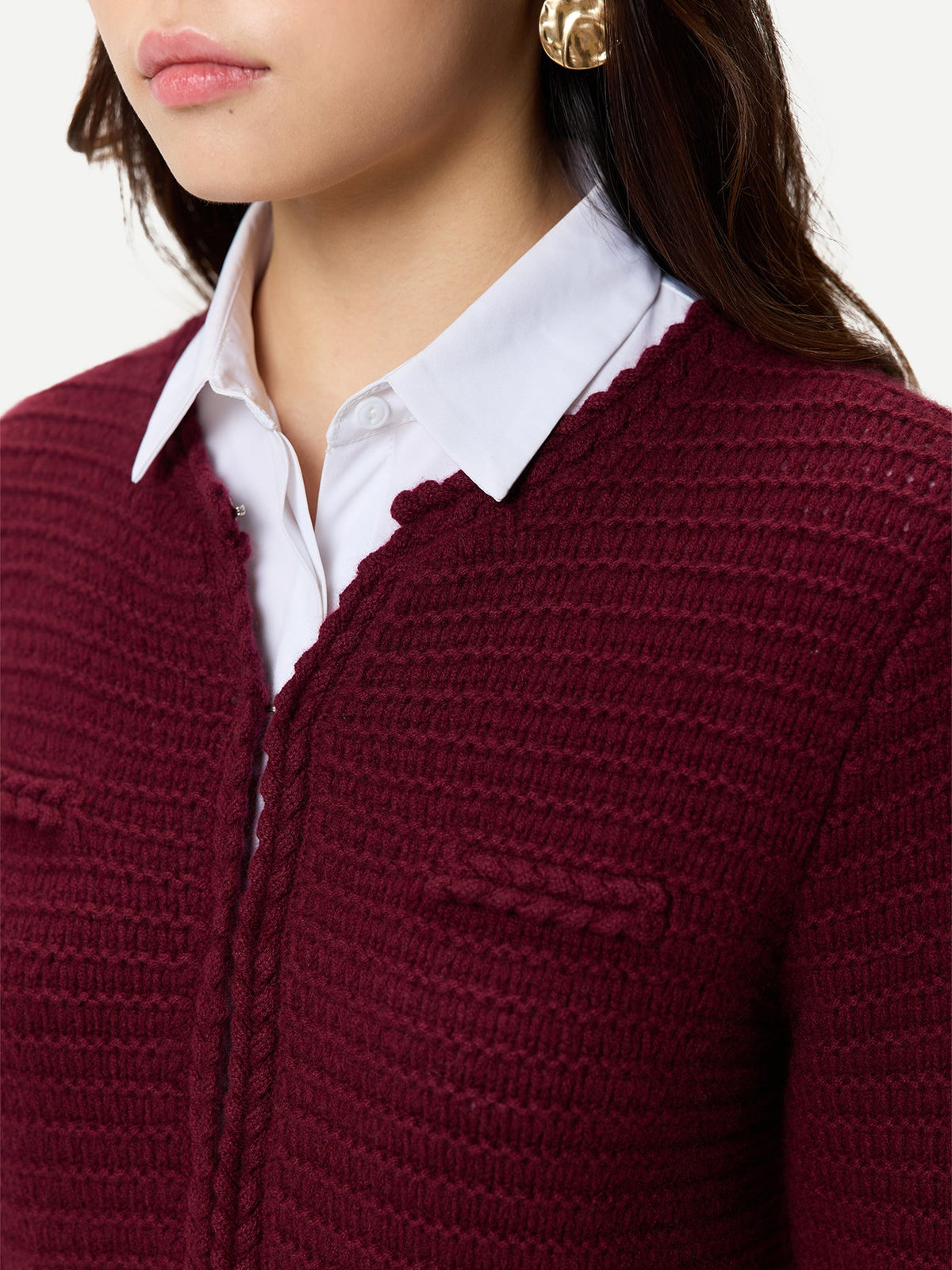 Textured Knit Cashmere Jacket-style Cardigan — Wine Red